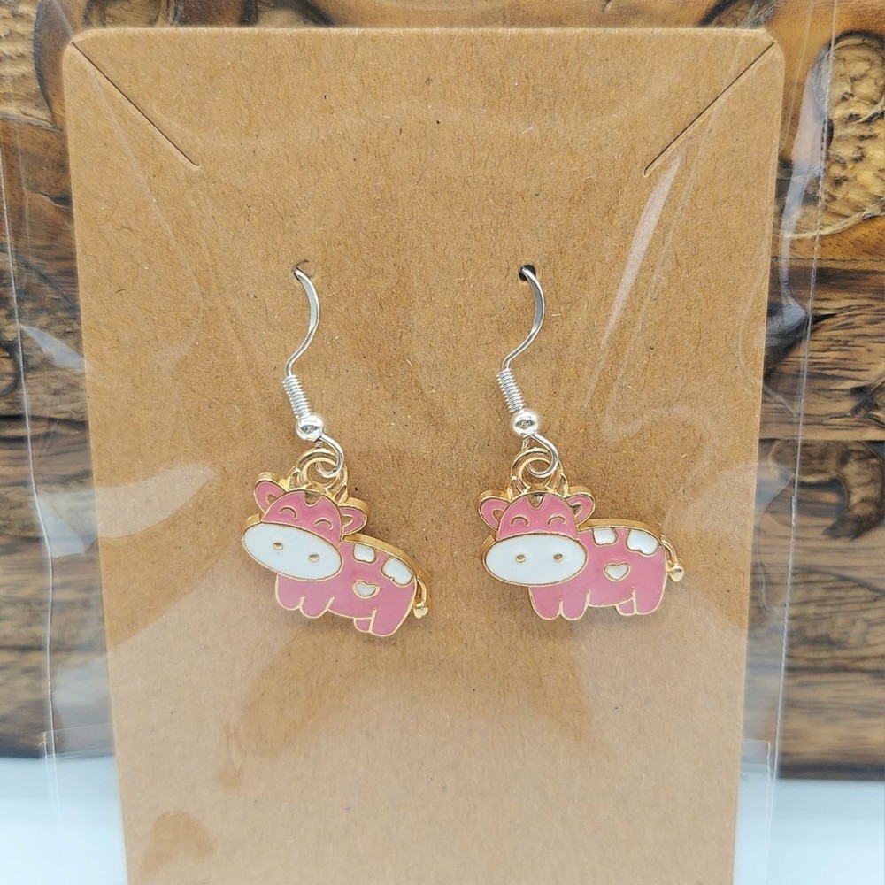 Pink Cow Earrings Silver Hooks Novelty Costume Statement Farm Animals